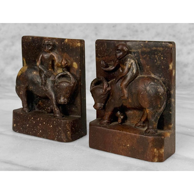 1920s Antique Chinese Soapstone Monkey Riding Buffalo Library Bookends - A Pair For Sale - Image 5 of 9