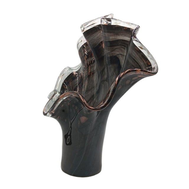 Vintage Italian Black Swirl Ruffled Large Glass Vase For Sale - Image 4 of 8