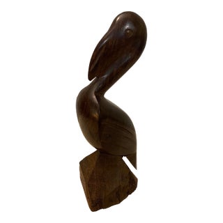 Mid 20th Century Pelican Statue Carved Hardwood For Sale