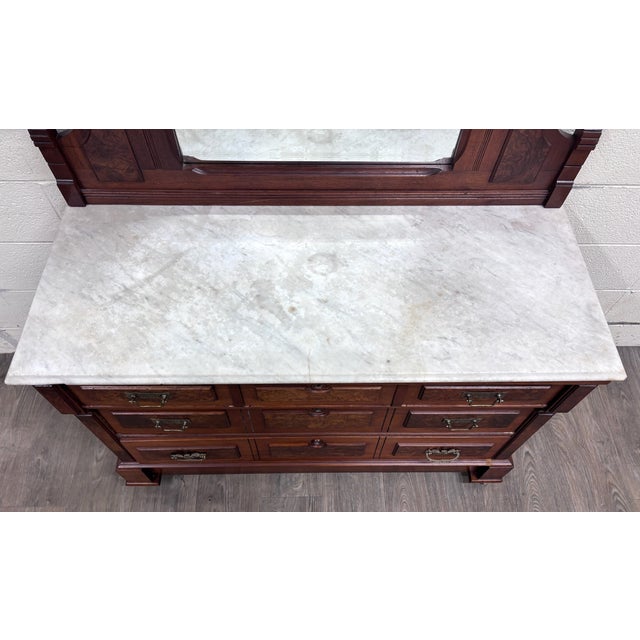 Antique Late 1800s Victorian Eastlake Marble Top Walnut Dresser For Sale - Image 10 of 13