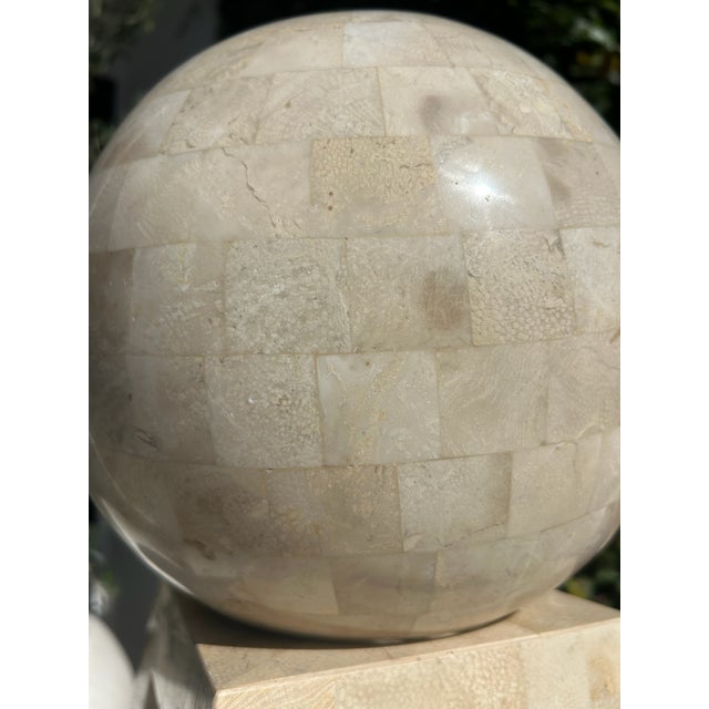 Cream Vintage Tessellated Marble Sphere on Stand in the Style of Maitland Smith For Sale - Image 8 of 13