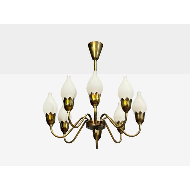 1950s Fog & Mørup, Tulip Chandelier, Opal Glass, Brass, Denmark, 1950s For Sale - Image 4 of 13