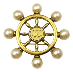 1990s Chanel Vintage Gold Plated Sailor Wheel Faux Pearl Brooch
