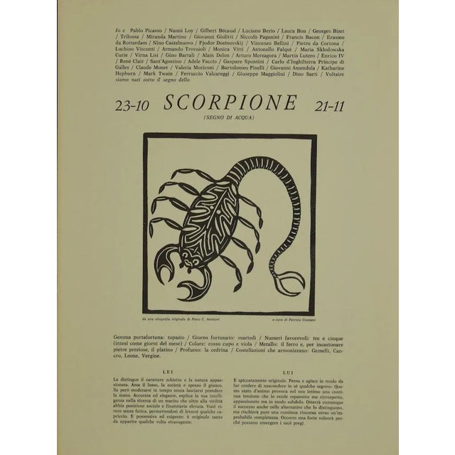 Zodiac Signs - Scorpio is original Black and white woodcut print, realized by Italian artist Piero C. Antinori. Excellent...
