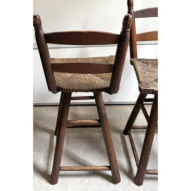 Pair Mid Century Wood and Rush Seat Swivel Bar Stools, Counter Stools For Sale - Image 4 of 6