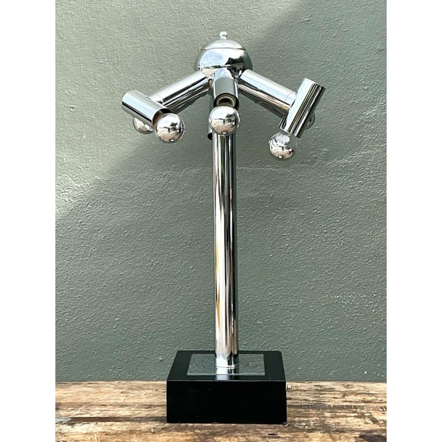 Wood Vintage Modernist Chrome Table Lamp After Robert Sonneman For Sale - Image 7 of 12