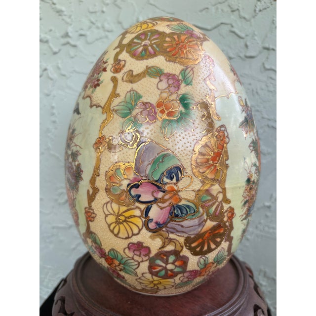 Large Chinese Hand-Painted Porcelain Decorative Egg With Carved Wood Stand, 14.5”h For Sale In Orlando - Image 6 of 9