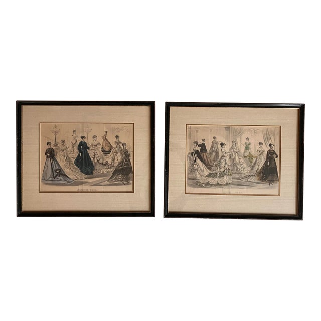 Antique 19th Century Fashion Hand Colored Fashion Magazine Advertisements - Framed Pair For Sale