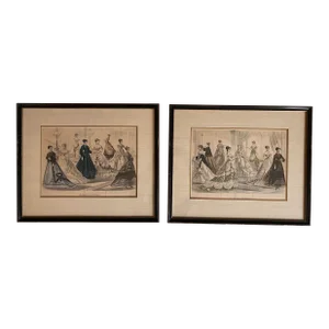 Antique 19th Century Fashion Hand Colored Fashion Magazine Advertisements - Framed Pair