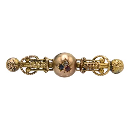Late 19th Century Gold Brooch with Diamond, Ruby and Sapphire For Sale