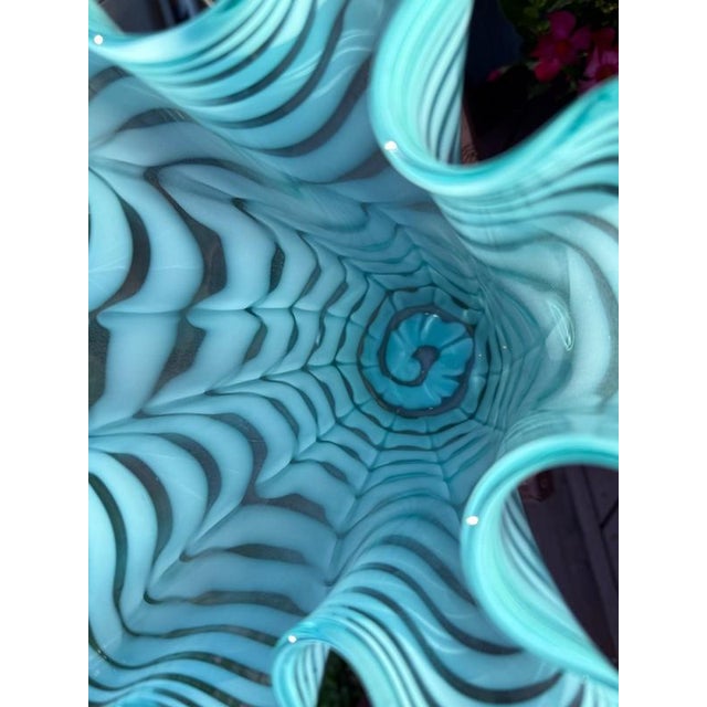 Postmodern Royal Gallery Turquoise Hand Blown Opalescent Art Glass Handkerchief Vase Poland For Sale - Image 3 of 10
