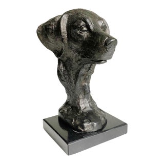 1990s Black Metal Dog Retriever Bust on Black Marble Base For Sale