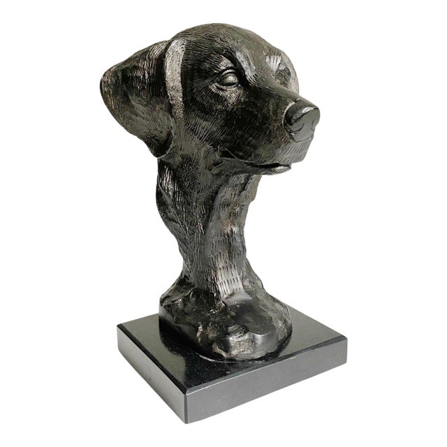 1990s Black Metal Dog Retriever Bust on Black Marble Base For Sale
