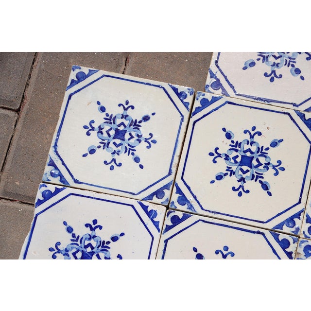 Antique 1920s Portuguese Ceramic Tiles With Stylized Art Deco Rosette Motif Set of 14 For Sale - Image 9 of 18
