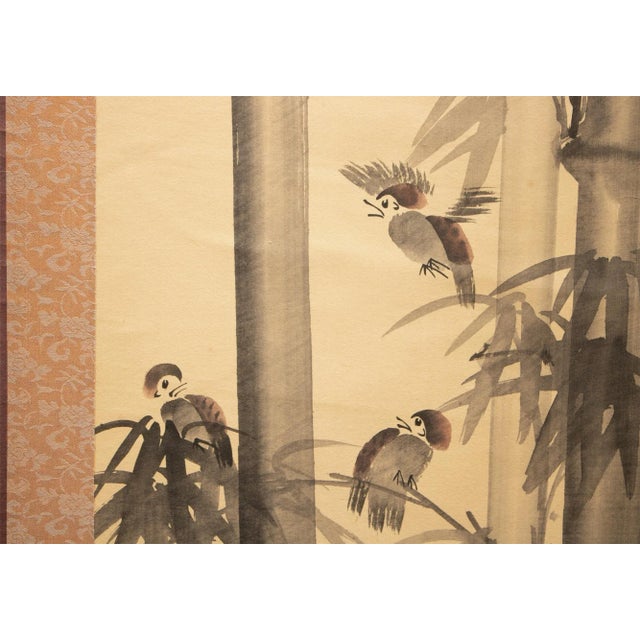 Mid 20th Century Mid 20th Century Showa Era Japanese Monochrome Watercolor Scroll Painting, "Bamboo Trees and Sparrows" For Sale - Image 5 of 12