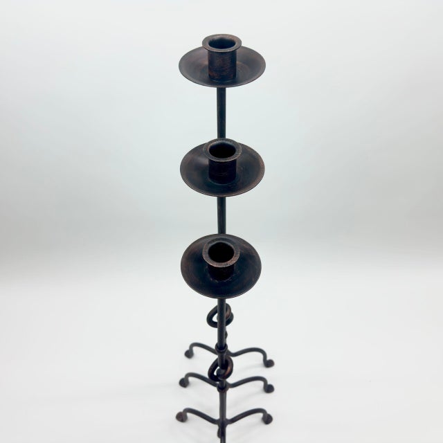 Hand Forged Iron Candelabra Set of 3 (80-100cm) Antique Copper Finish Love Knot Stem Floor Set For Sale - Image 4 of 6