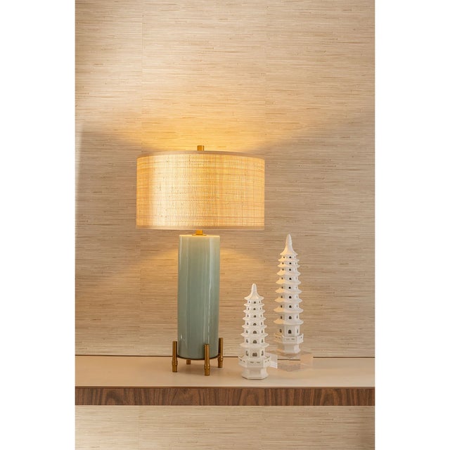 Mid-Century Modern Boca Celadon Bamboo Foot Lamp with Raffia Shade For Sale - Image 3 of 4