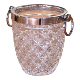 Mid-Century French Cut Crystal Ice Bucket With Silver Ring Handles For Sale