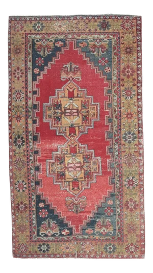 3'8x7'1 Vintage Turkish Hand-Knotted Geometric Runner Rug