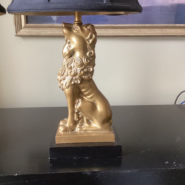 Pair of Vintage Robert Abbey Attributed Golden Lion Lamps With Silk Bell Shades For Sale In Atlanta - Image 6 of 7