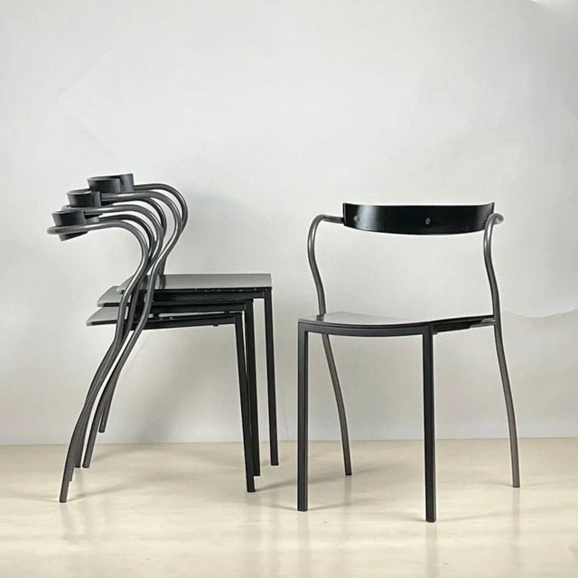 A set of 4 stackable chairs designed by Pascal Mourgue and manufactured by Artelano in Paris in the early 1990s. Simple...