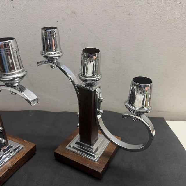 A Pair of 1940s Art Deco Fruit Wood and Chromed Metal French Candelabras For Sale - Image 9 of 10
