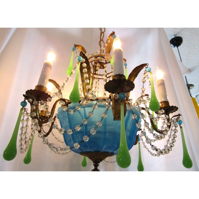 1940s Rare Italian Blue and Green Opaline Beaded Gold Leaf Chandelier For Sale - Image 9 of 11
