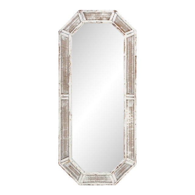 Modern White Painted Wicker and Bamboo Octagonal Full-Length Mirror For Sale
