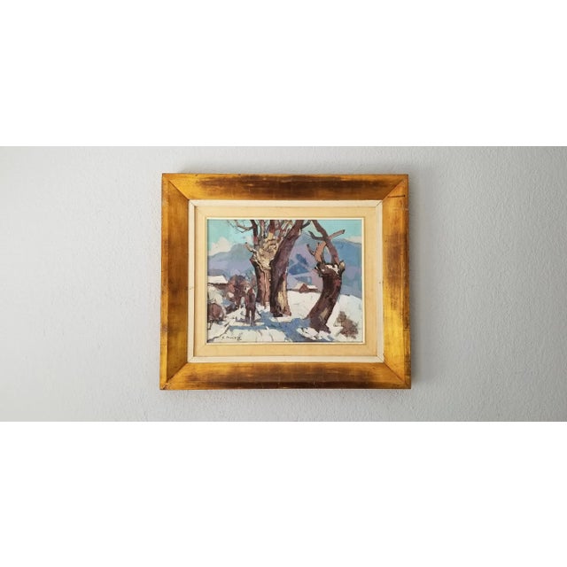 Mid-Century Modern 1970s Guy Duveyre Abstract Winter Rural Landscape Oil on Canvas Painting For Sale - Image 3 of 11