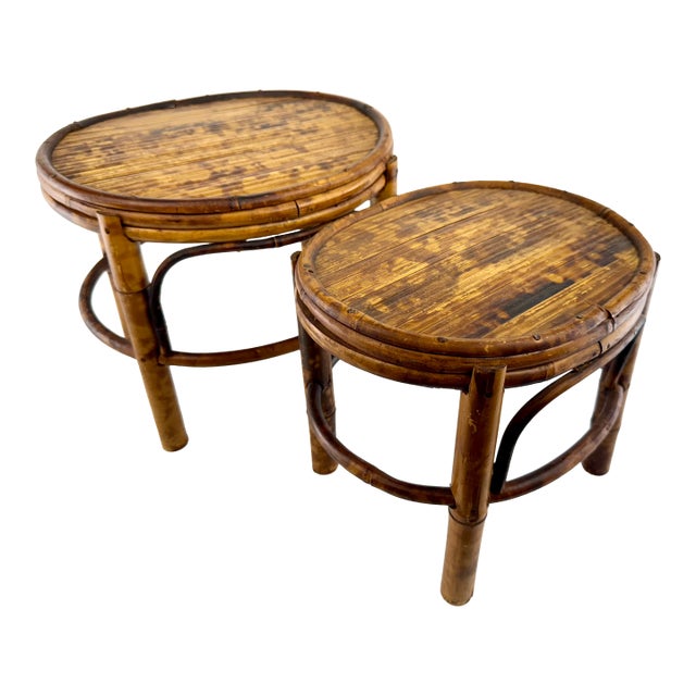Mid Century Vintage Bamboo Rattan Plant Stands, Low Round Side Tables, a Pair For Sale