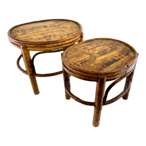 Mid Century Vintage Bamboo Rattan Plant Stands, Low Round Side Tables, a Pair