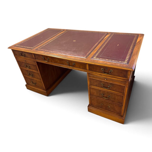 Twin Pedestal Desk with Burgundy Leather Top For Sale - Image 6 of 9