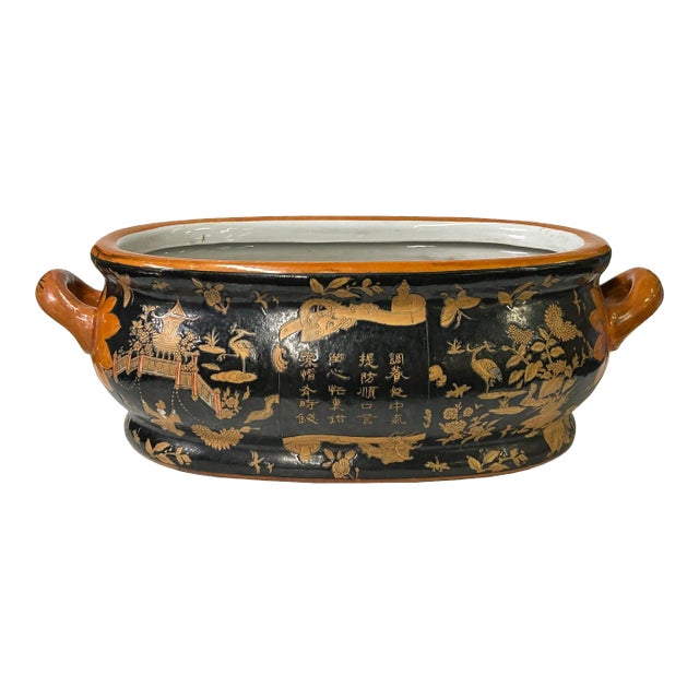 Vintage Chinese Black Copper Scenery Graphic Ceramic Oval Bowl Pot For Sale