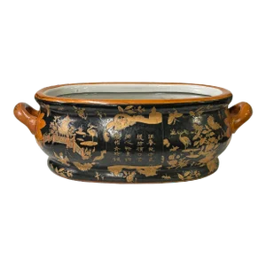 Vintage Chinese Black Copper Scenery Graphic Ceramic Oval Bowl Pot