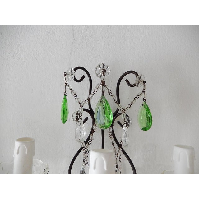 1920s Italian Rococo Green Crystal Prisms 3 Light Sconces - a Pair For Sale - Image 6 of 11