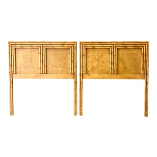 Vintage Coastal Carved Bamboo and Woven Rattan Twin Headboards - a Pair For Sale