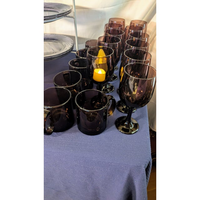Mid-Century Modern Vintage Amethyst Glass Dinnerware Set W/ Display - 59 PCS For Sale - Image 3 of 5