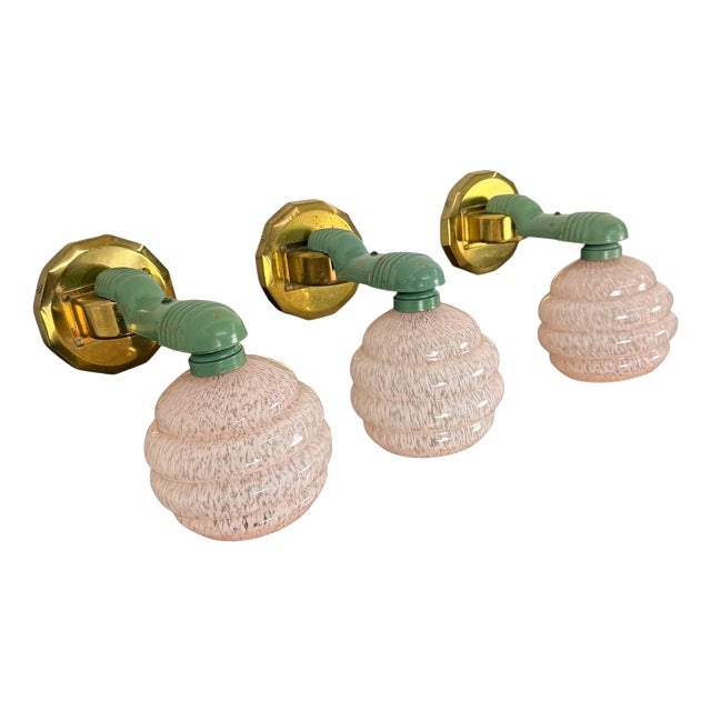 Vintage Art Deco Wall Lamps with Pink Mottled Glass Shades, 1890s, Set of 3 For Sale