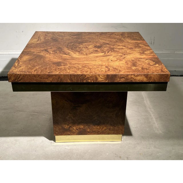 Milo Baughman 1970s Modern Burlwood Laminate & Brass Side Tables - A Pair For Sale - Image 4 of 10