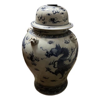 Large Blue & White Porcelain Dragon Temple Jar With Foo Dog Lid For Sale