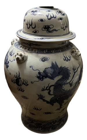 Large Blue & White Porcelain Dragon Temple Jar With Foo Dog Lid