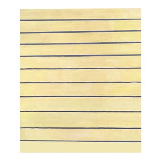 Vintage ABC Carpet 8’ X 12’ 100% Cotton Light Yellow, White Strié Pattern Rug With 1” Marine Blue Stripe For Sale