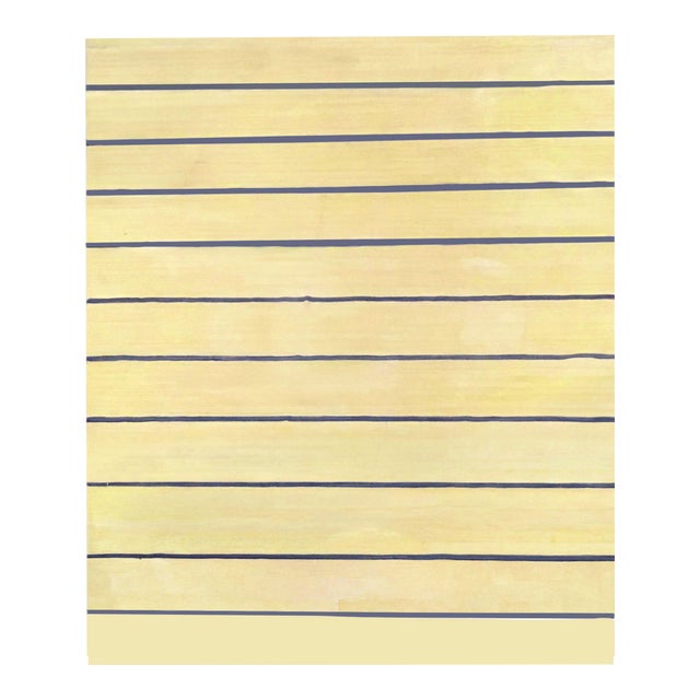 Vintage ABC Carpet 8’ X 12’ 100% Cotton Light Yellow, White Strié Pattern Rug With 1” Marine Blue Stripe For Sale