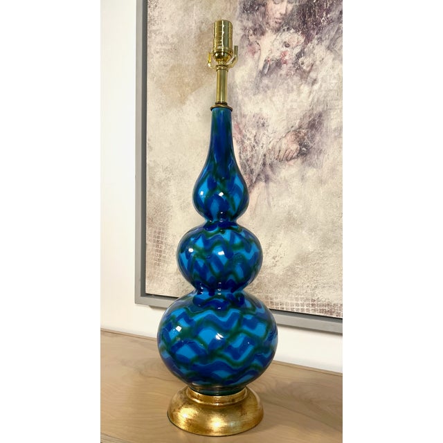 Vintage Blue Glazed Ceramic Table Lamps - A Pair For Sale - Image 9 of 12