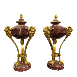 19th Century Cassolettes in Red Marble and Bronze, Set of 2