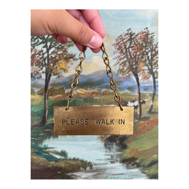 Antique Brass Toned "Please Walk In" Door Sign With Chain, Early 20th Century For Sale