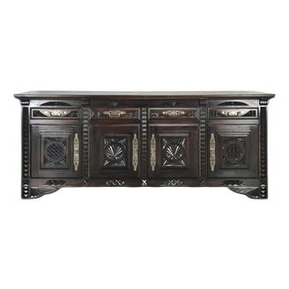 Breton Sideboard with Four Doors in Carved Oak and Brass For Sale
