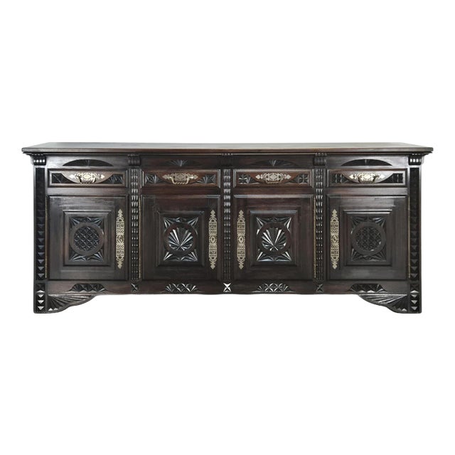 Breton Sideboard with Four Doors in Carved Oak and Brass For Sale