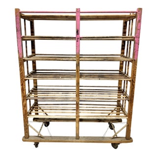 Antique Rustic Wooden Baking Rack on Casters For Sale