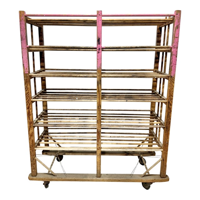 Antique Rustic Wooden Baking Rack on Casters For Sale